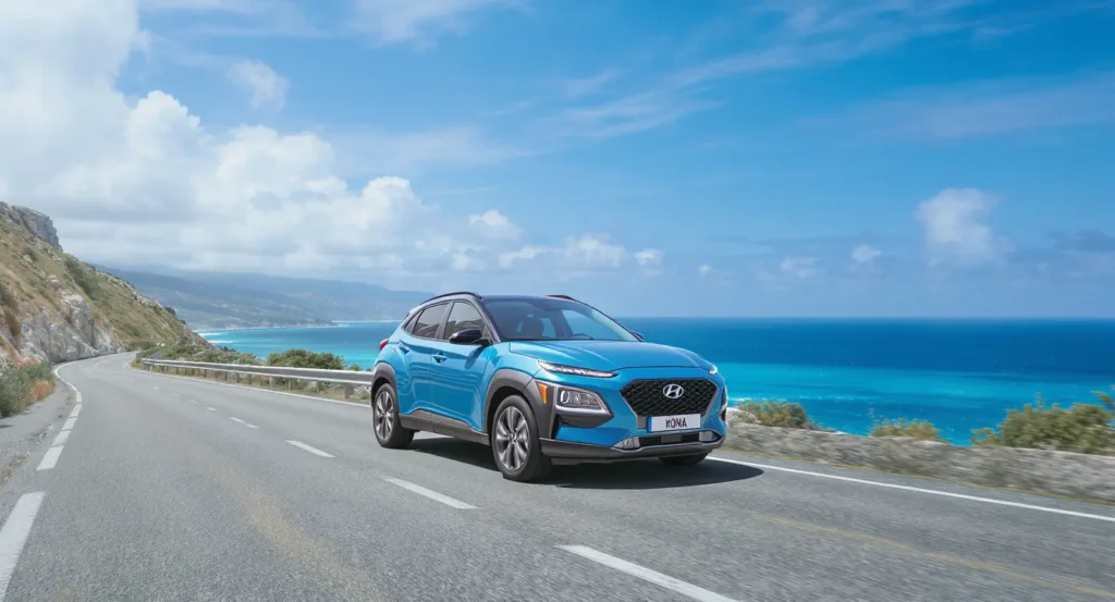 Hyundai Kona Hybrid Bychon sur route côtière Guadeloupe - location voiture hybride éco-responsable