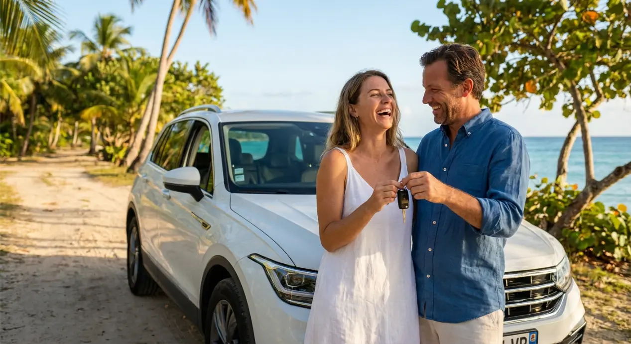 Couple heureux avec voiture de location en guadeloupe