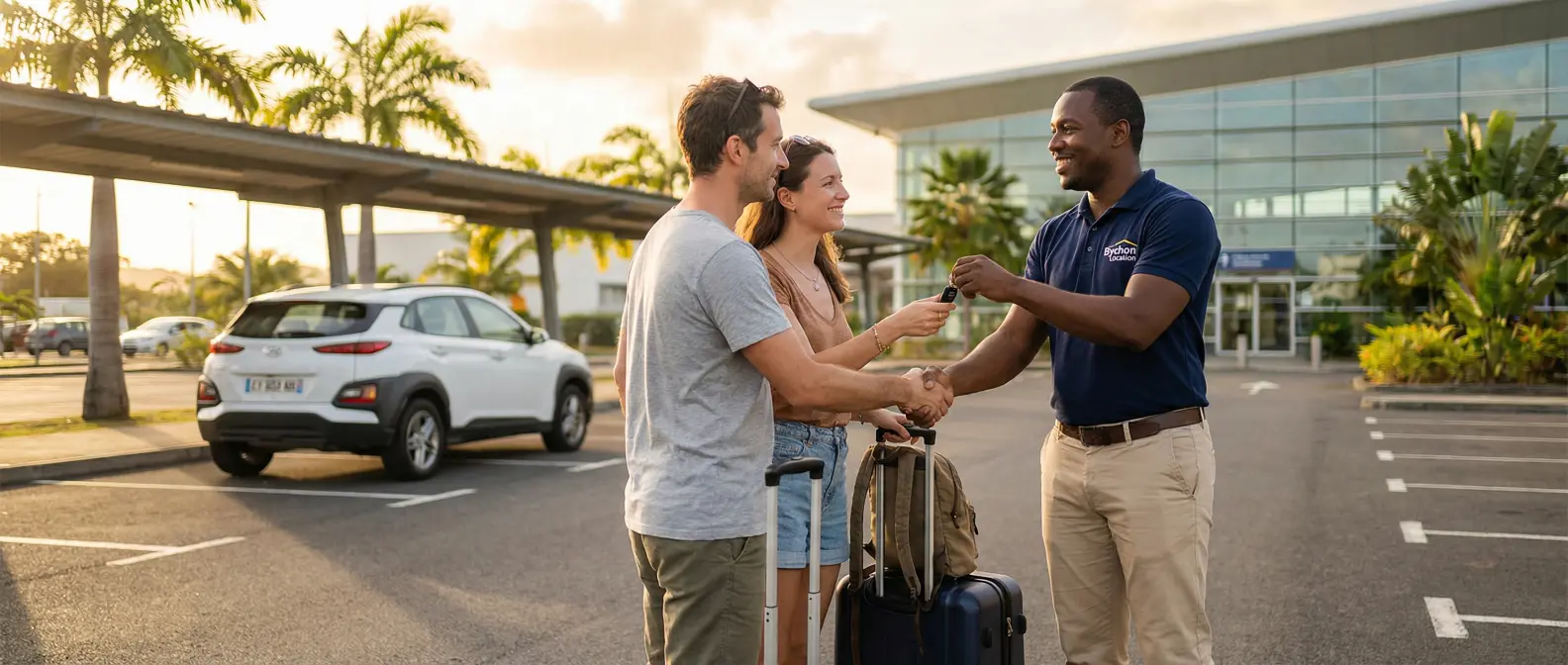 Gros plan sur un agent remettant les clés d'une voiture de location à un client, ambiance professionnelle et tropicale par bychon location